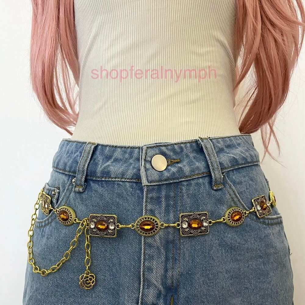 Gold Y2K Amber Rhinestone Whimsygoth Chain Belt, Fits 26-43 Inches, X7GA1501